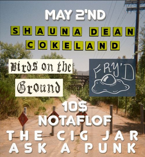 May 2'nd

Shauna Dean Cokeland
Brids on the Ground
Fry'D Egg
10$
NOTAFLOF

The Cig Jar
Ask a Punk