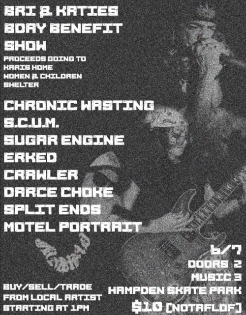 Bri & Katies BDay Benefit Show
Proceeds going to Harris Home Women & Children Shelter

Chronic Wasting
S.C.U.M.
Sugar Engine
Erked
Crawler
Darce Choke
Split Ends
Motel Portrait

Buy/Sell/Trade from local artist starting at 1 PM

6/7
Doors 2
Music 3
Hampden Skate Park
$10 [NOTAFLOF]